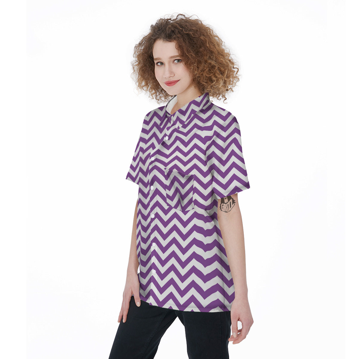 Violet Purple Zigzag Print Pattern Women's Short Sleeve Shirts-grizzshop