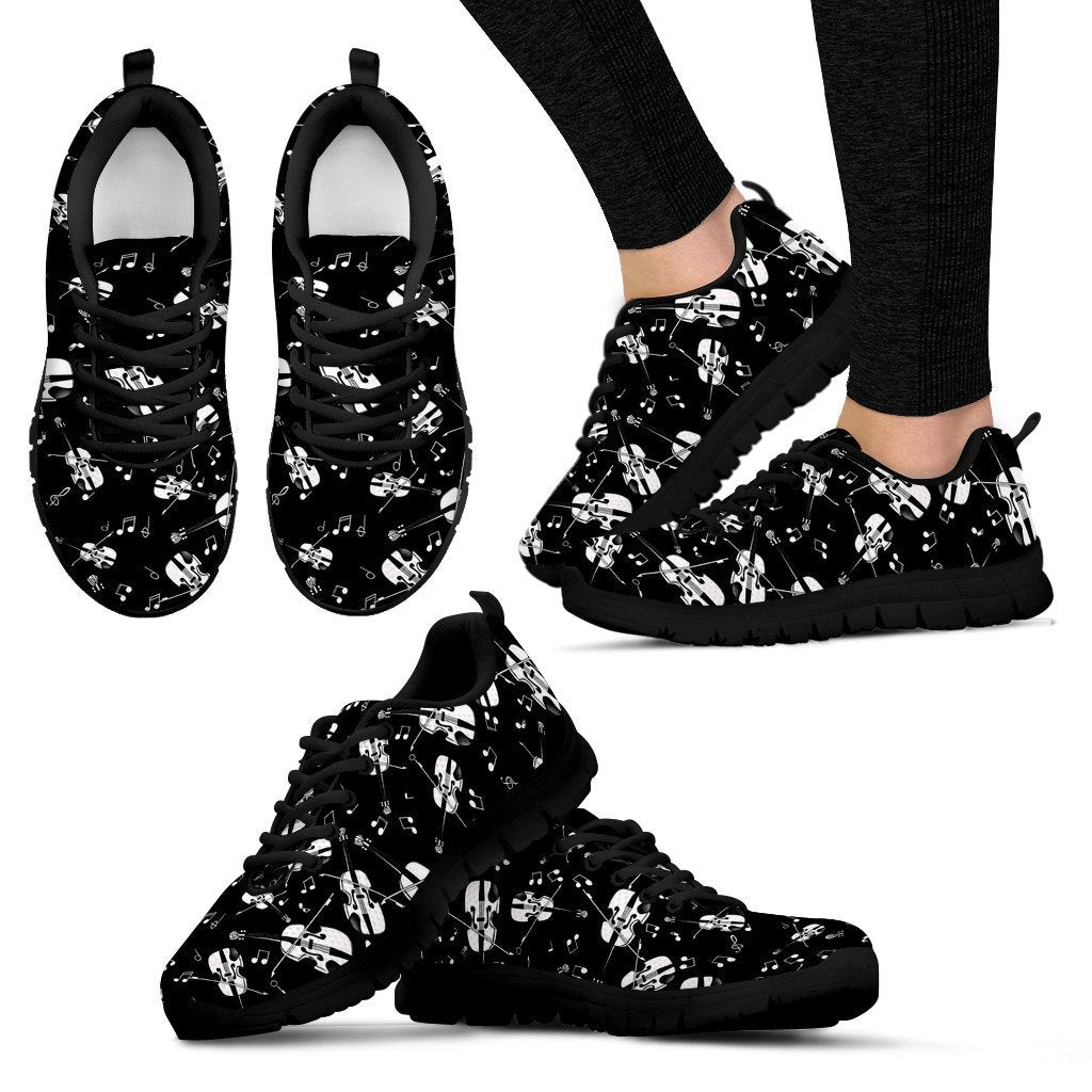 Violin Pattern Print Black Sneaker Shoes For Men Women-grizzshop