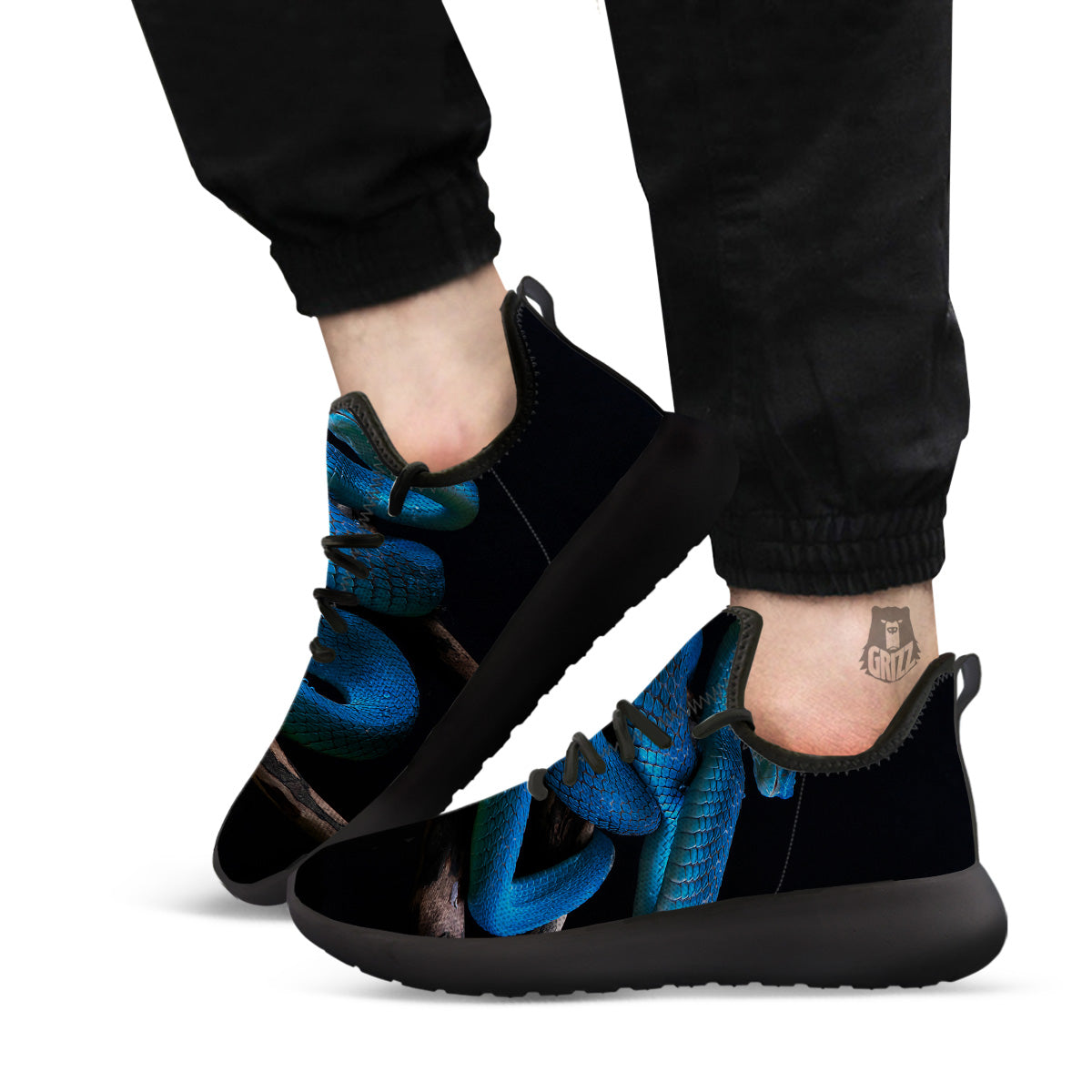Viper Snake Blue Pit Print Black Athletic Shoes-grizzshop