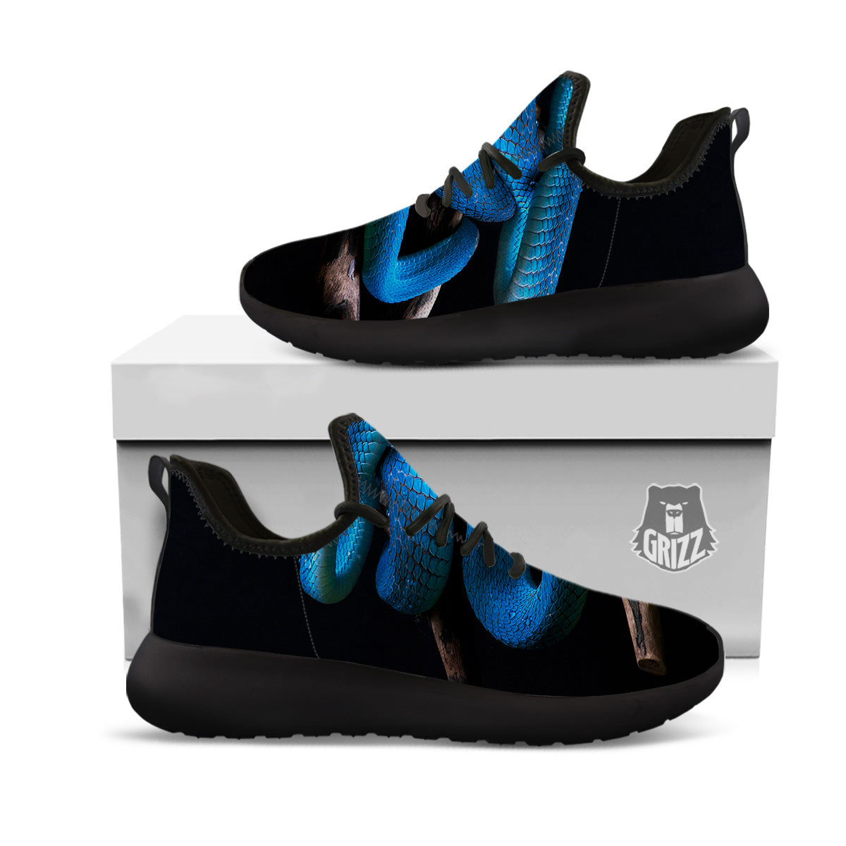 Viper Snake Blue Pit Print Black Athletic Shoes-grizzshop