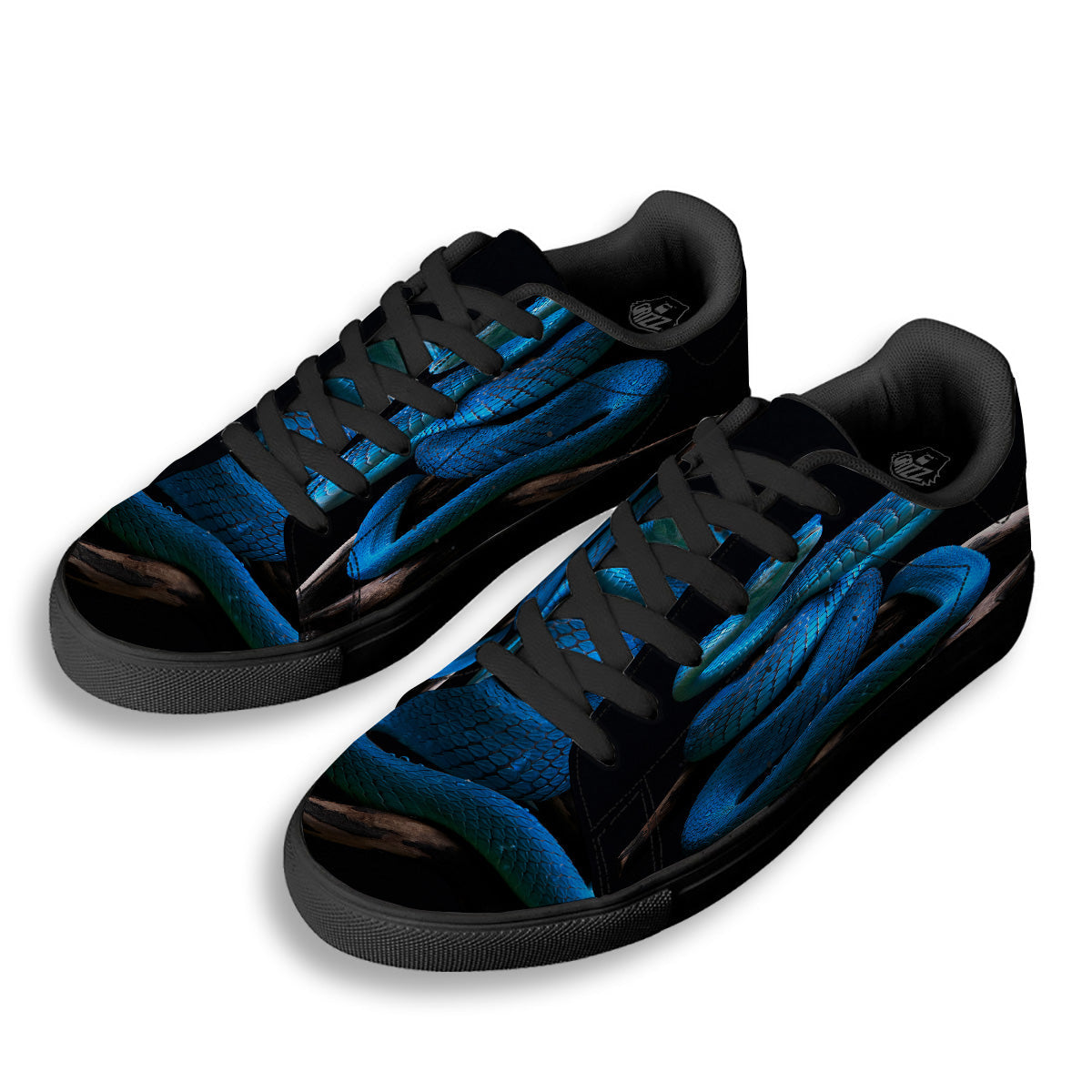 Viper Snake Blue Pit Print Black Low Top Sneakers-grizzshop