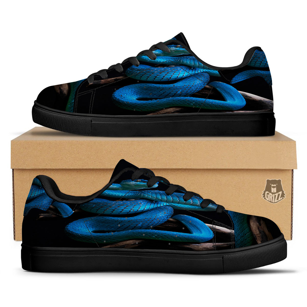 Viper Snake Blue Pit Print Black Low Top Sneakers-grizzshop
