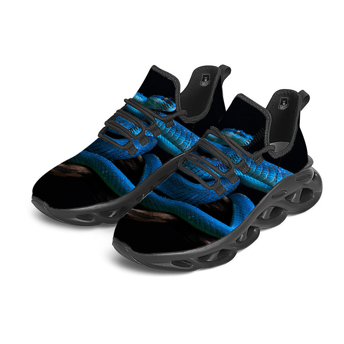 Viper Snake Blue Pit Print Black Running Shoes-grizzshop