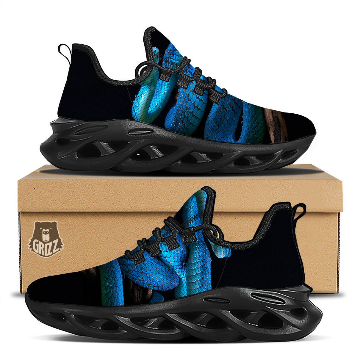 Viper Snake Blue Pit Print Black Running Shoes-grizzshop