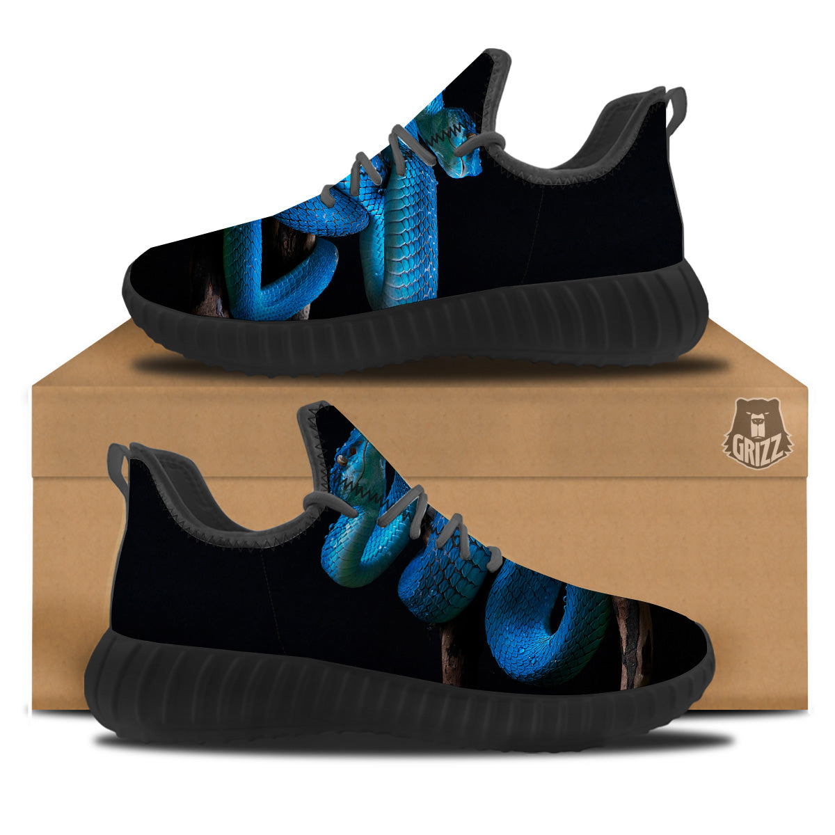 Viper Snake Blue Pit Print Black Walking Shoes-grizzshop