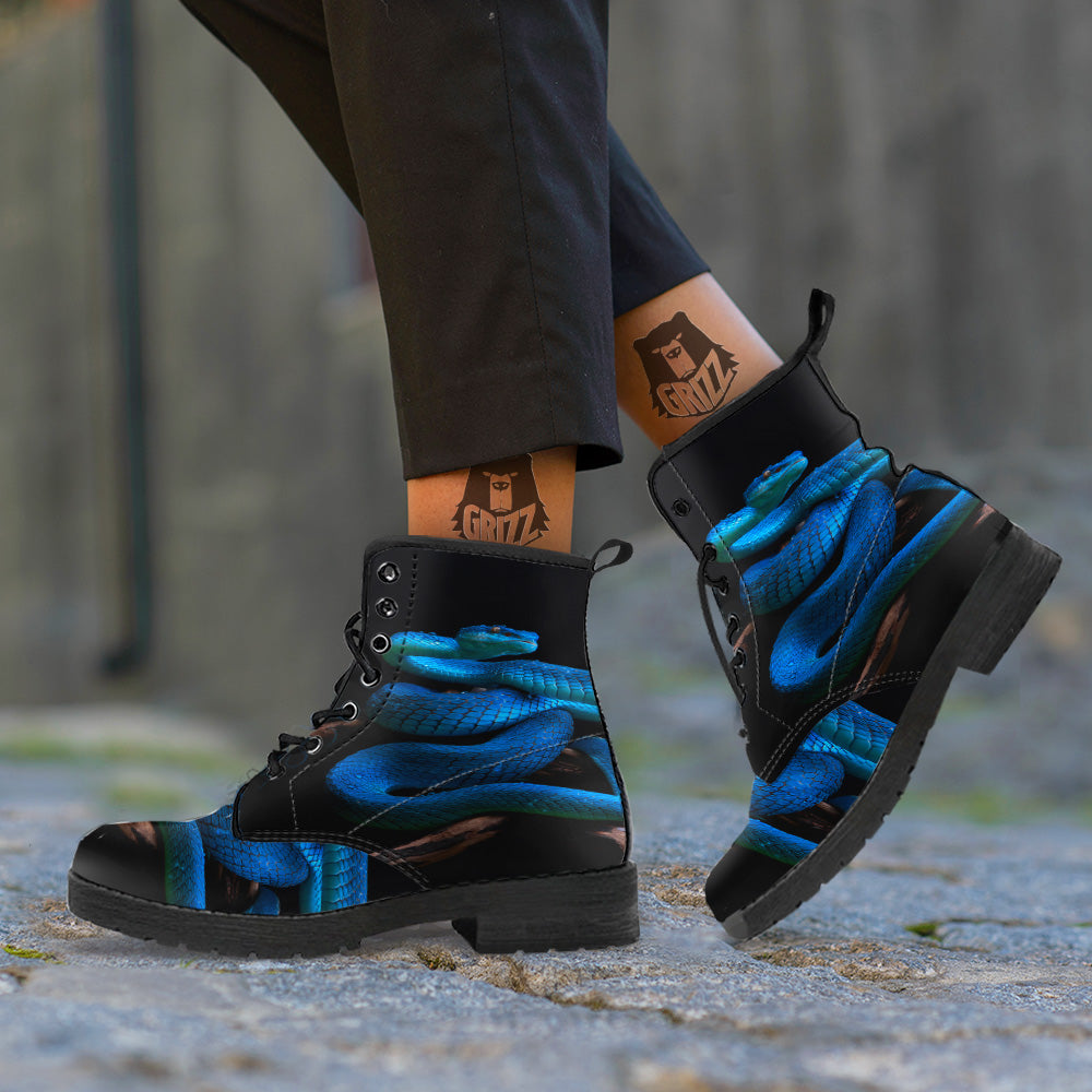 Viper Snake Blue Pit Print Leather Boots-grizzshop