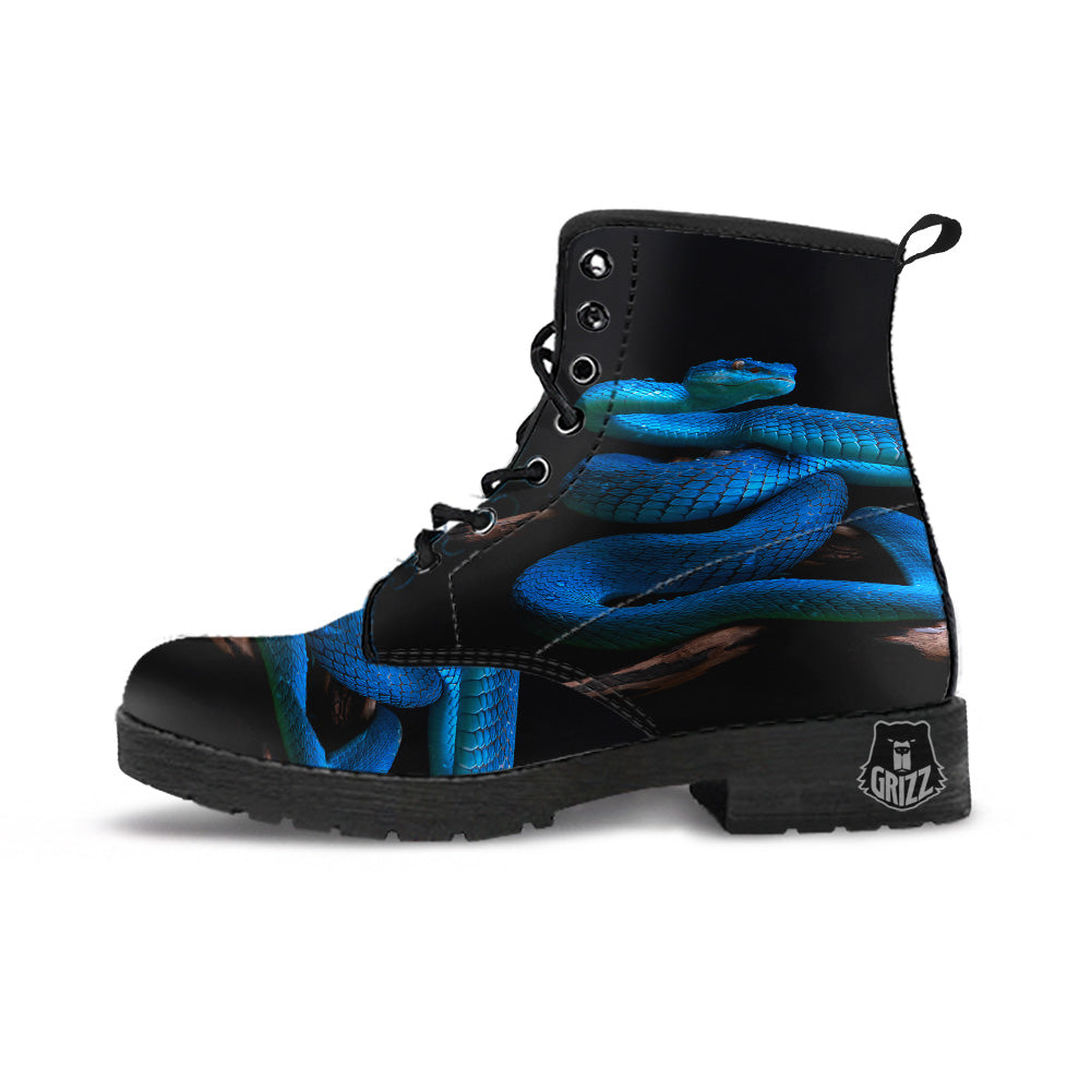 Viper Snake Blue Pit Print Leather Boots-grizzshop