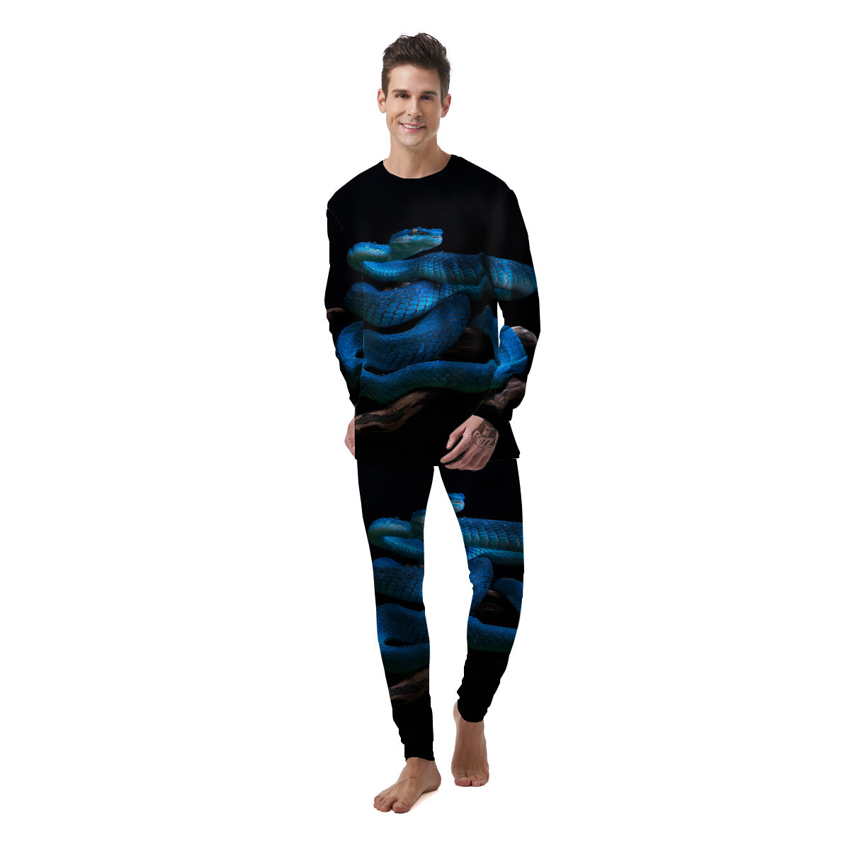 Viper Snake Blue Pit Print Men's Pajamas-grizzshop