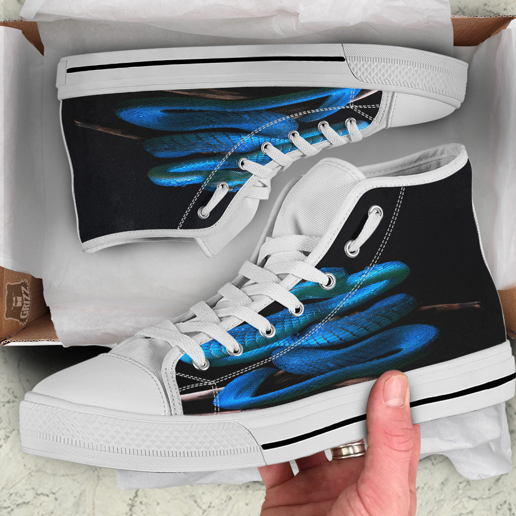 Viper Snake Blue Pit Print White High Top Shoes-grizzshop