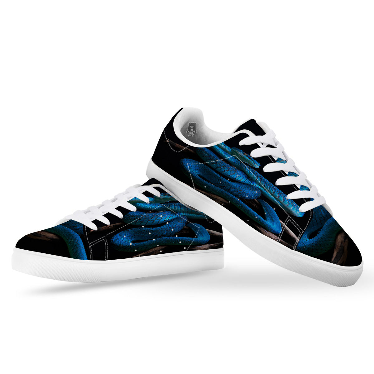 Viper Snake Blue Pit Print White Low Top Sneakers-grizzshop