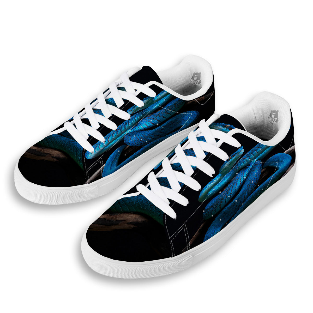 Viper Snake Blue Pit Print White Low Top Sneakers-grizzshop