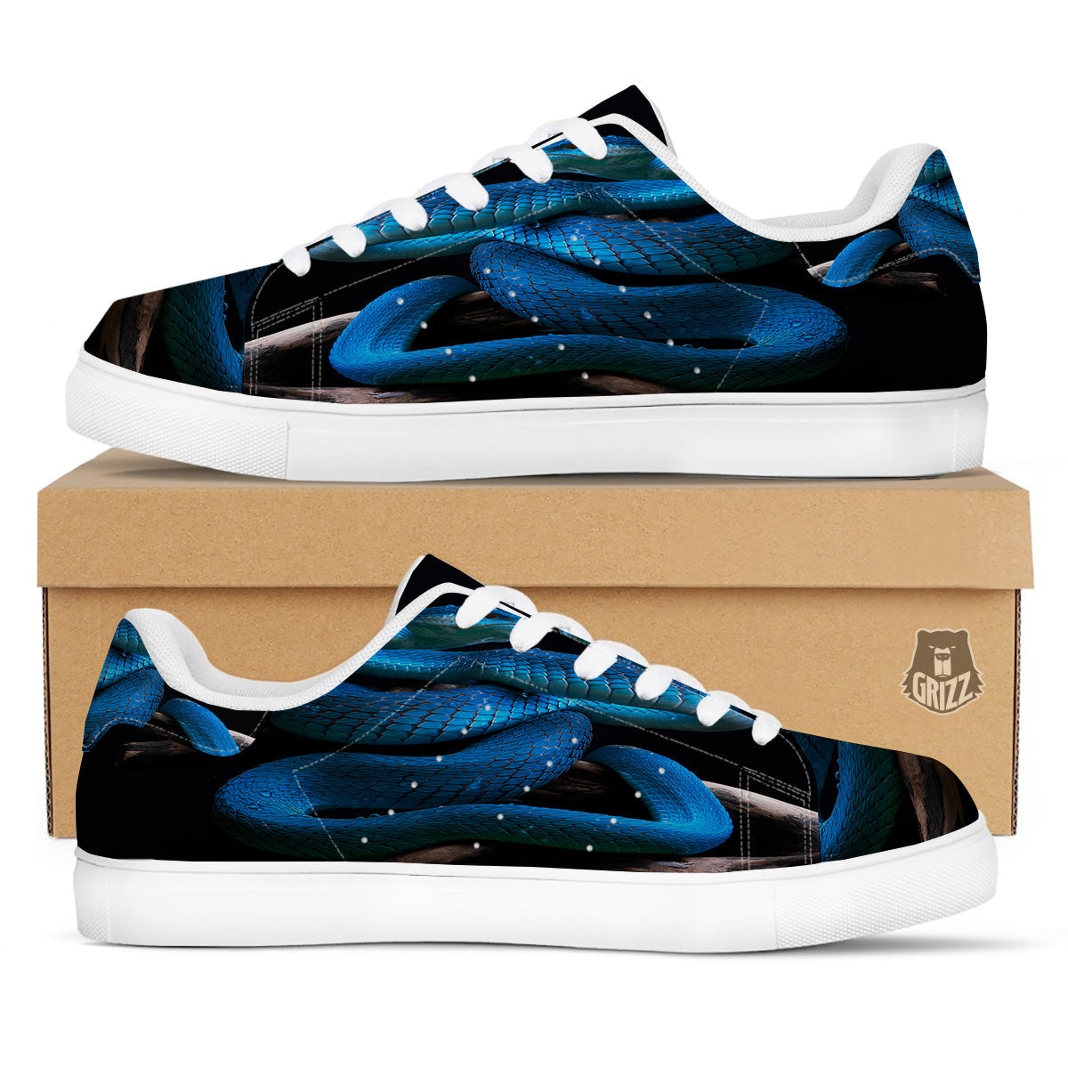 Viper Snake Blue Pit Print White Low Top Sneakers-grizzshop