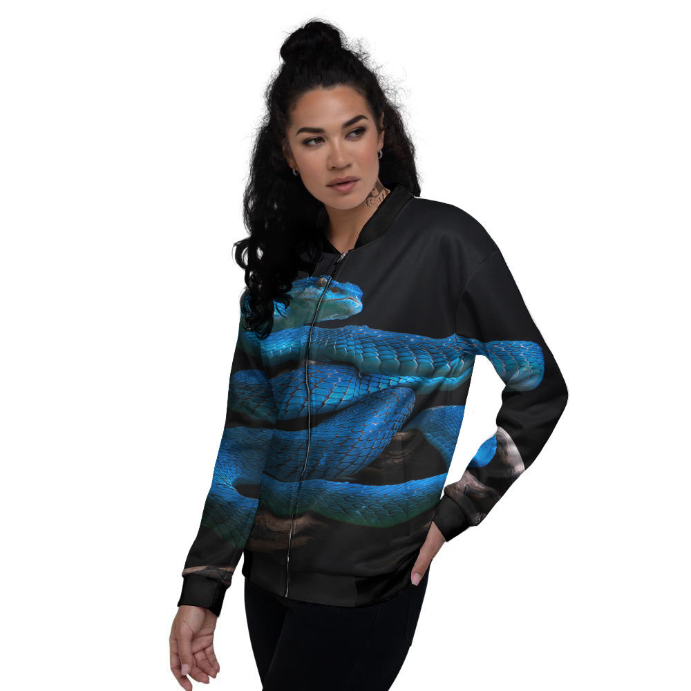 Viper Snake Blue Pit Print Women's Bomber Jacket-grizzshop