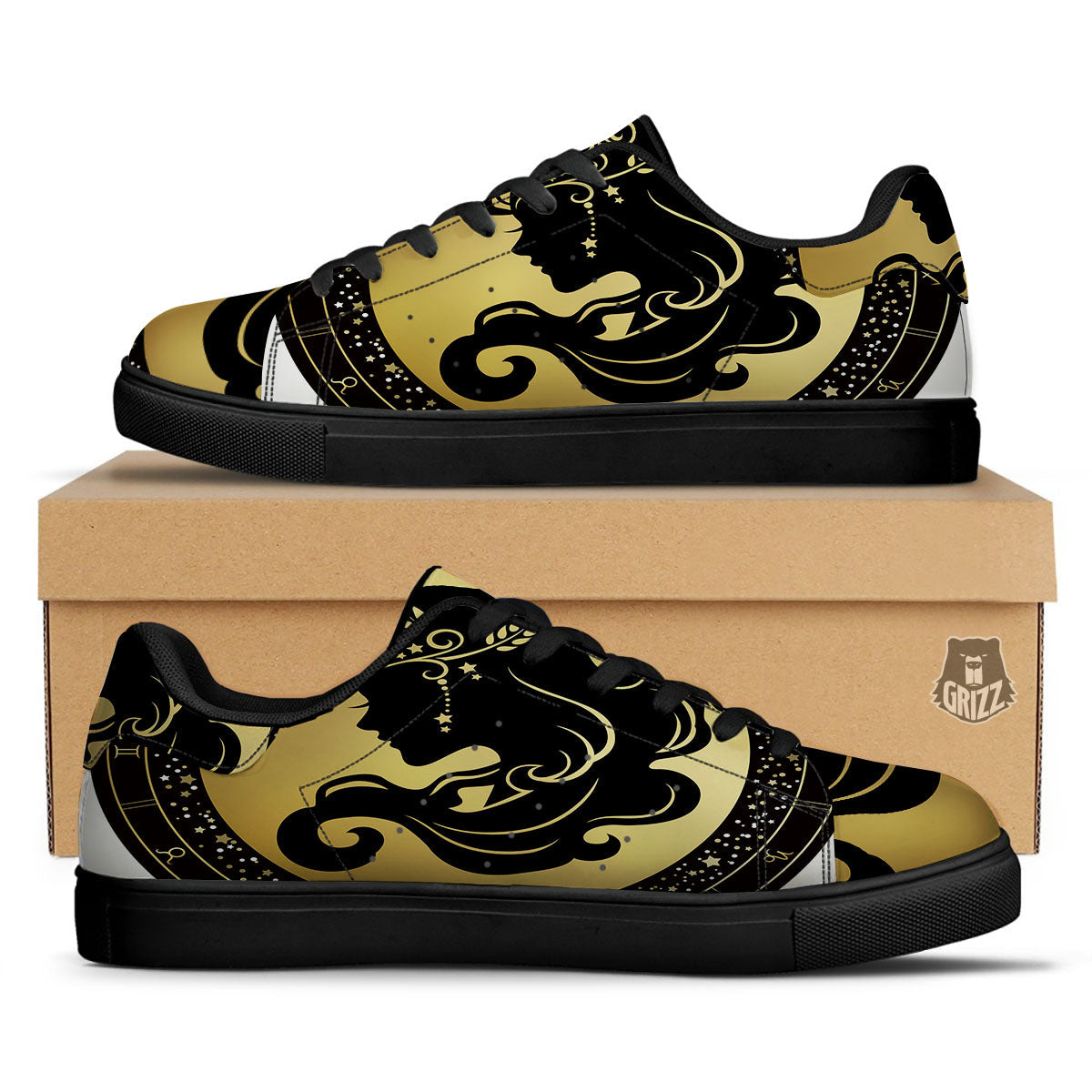 Virgo Sign Black And Gold Print Black Low Top Sneakers-grizzshop