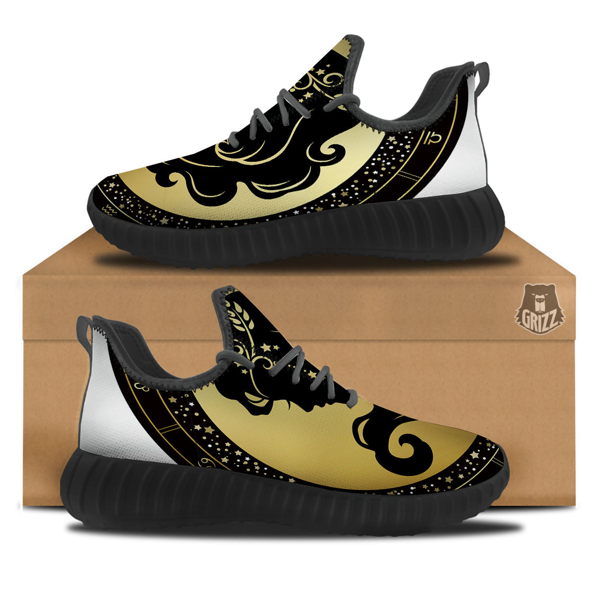 Virgo Sign Black And Gold Print Black Walking Shoes-grizzshop