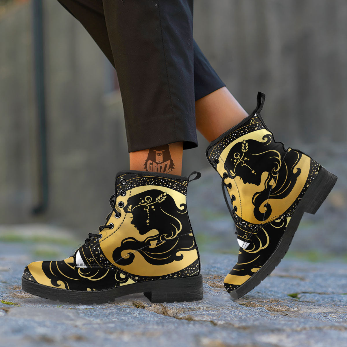 Virgo Sign Black And Gold Print Leather Boots-grizzshop