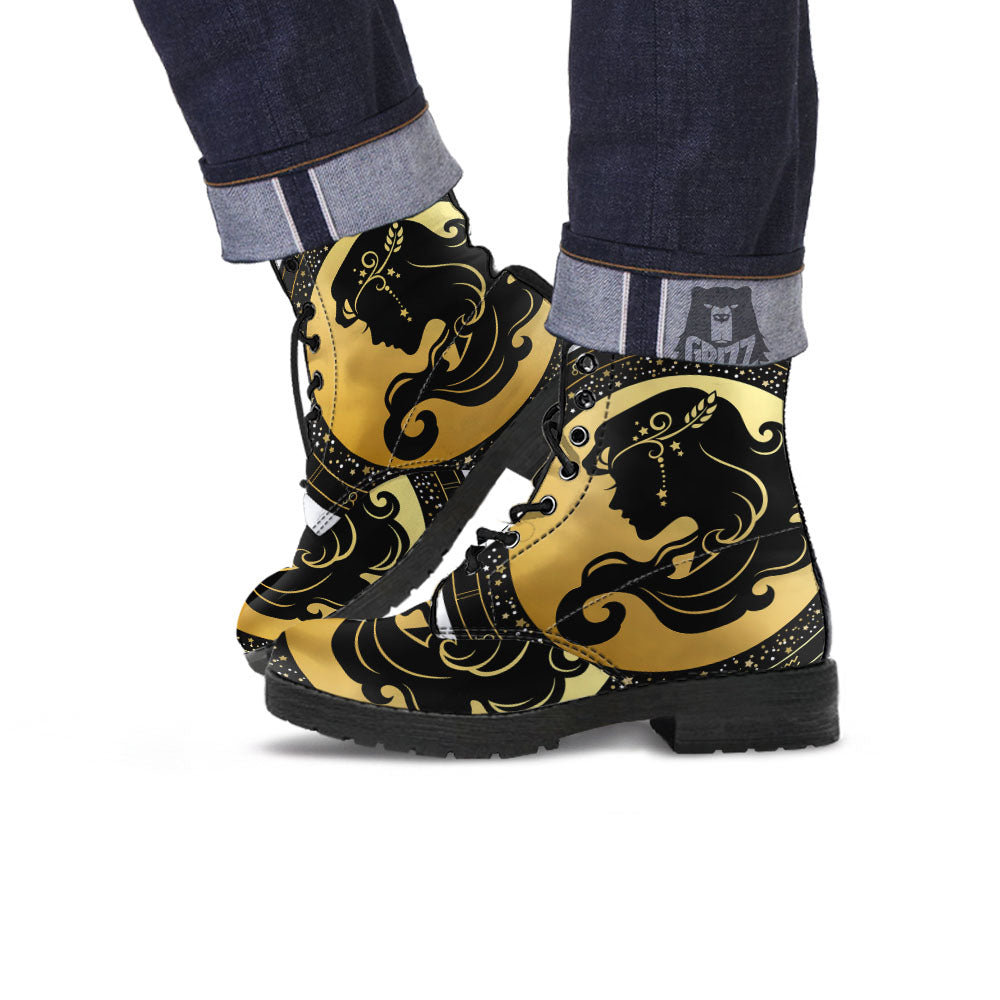 Virgo Sign Black And Gold Print Leather Boots-grizzshop
