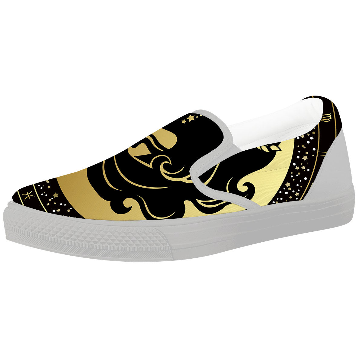 Virgo Sign Black And Gold Print White Slip On Shoes-grizzshop