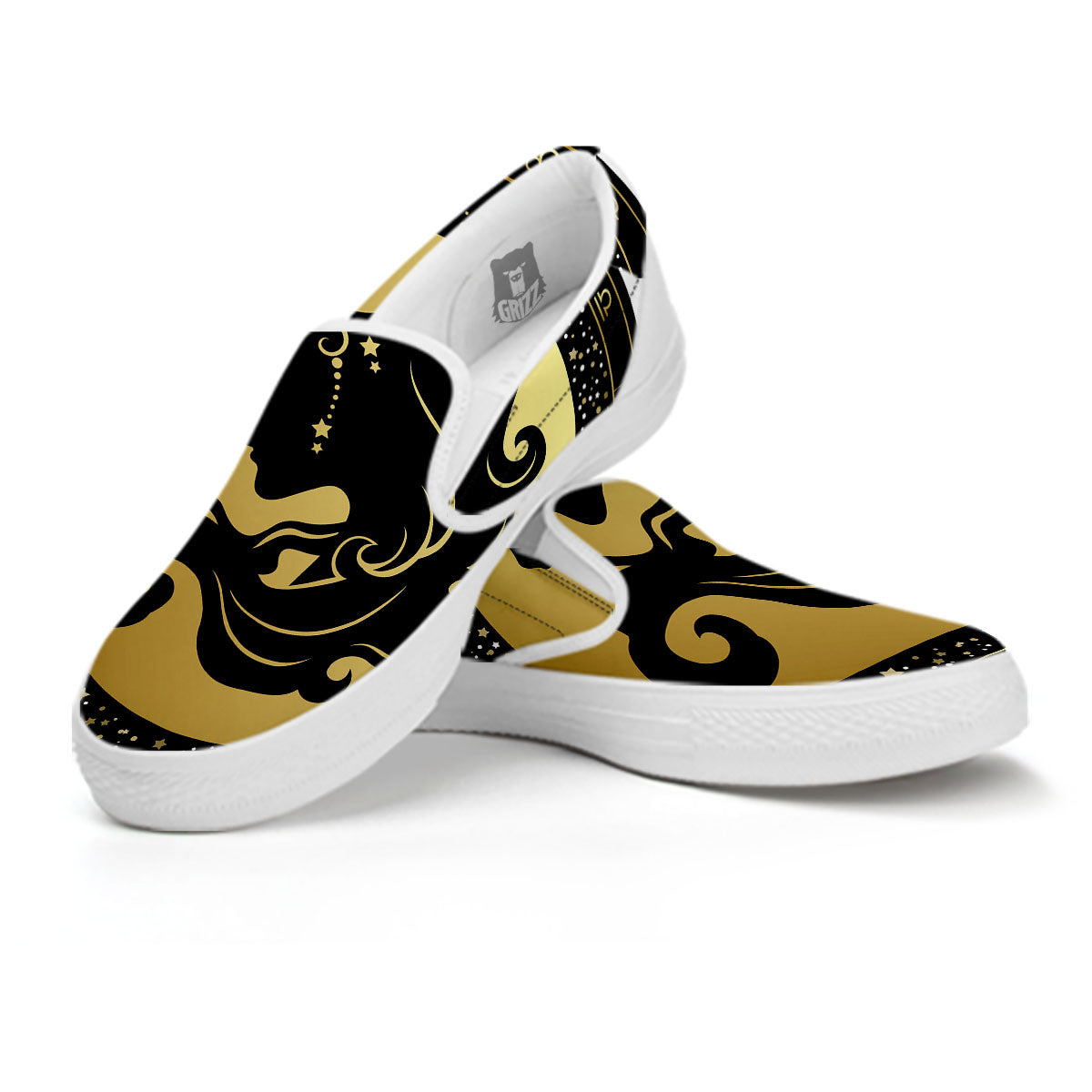 Virgo Sign Black And Gold Print White Slip On Shoes-grizzshop