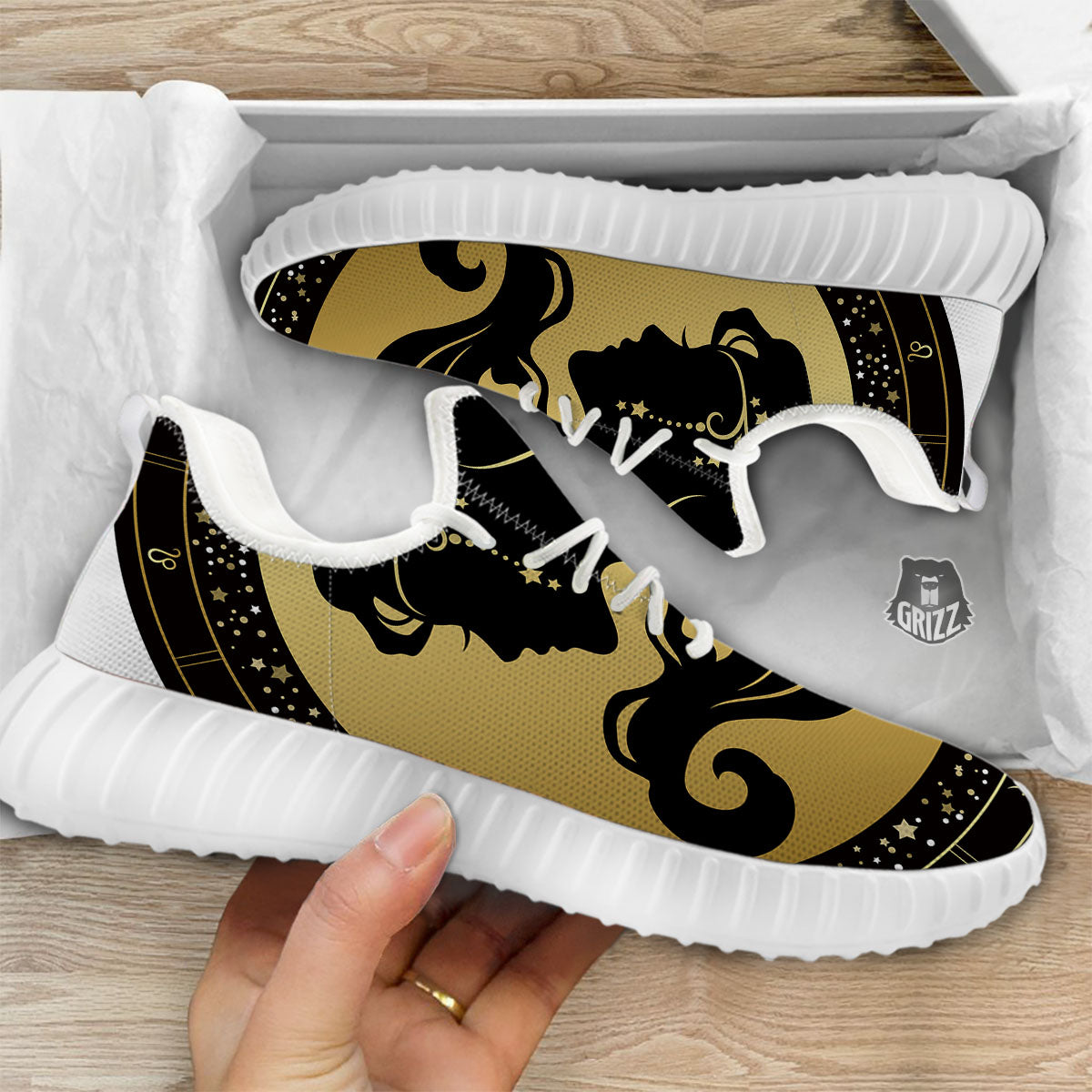 Virgo Sign Black And Gold Print White Walking Shoes-grizzshop