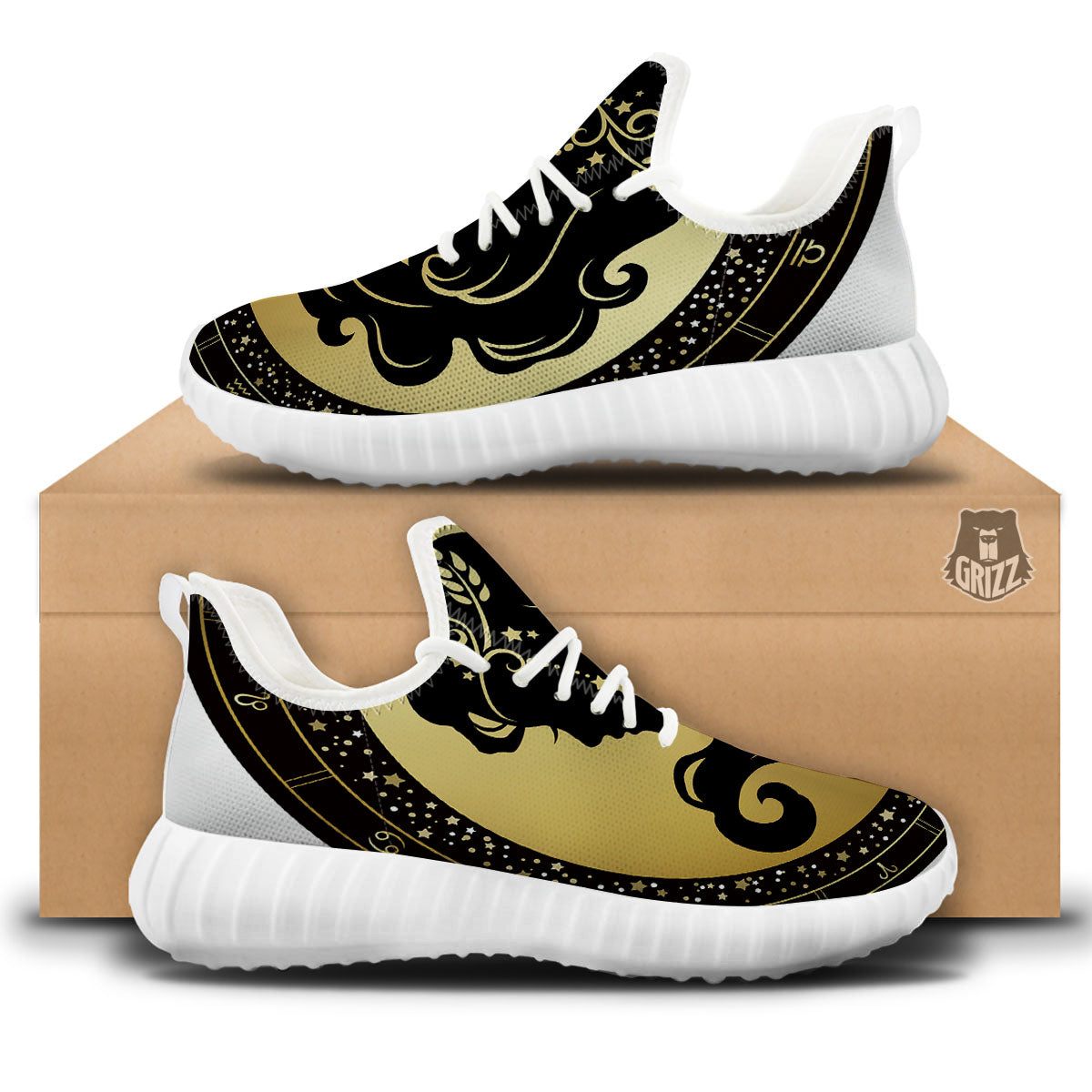 Virgo Sign Black And Gold Print White Walking Shoes-grizzshop