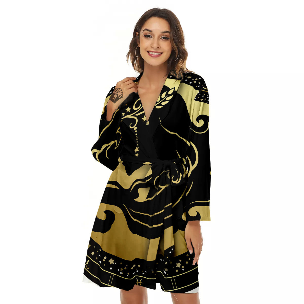 Virgo Sign Black And Gold Print Women's Robe-grizzshop