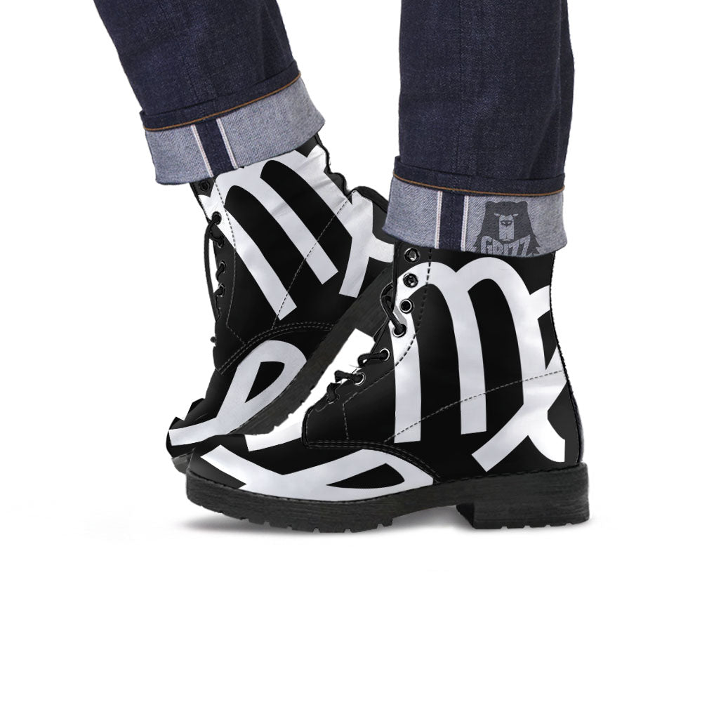 Virgo Sign White And Black Print Leather Boots-grizzshop