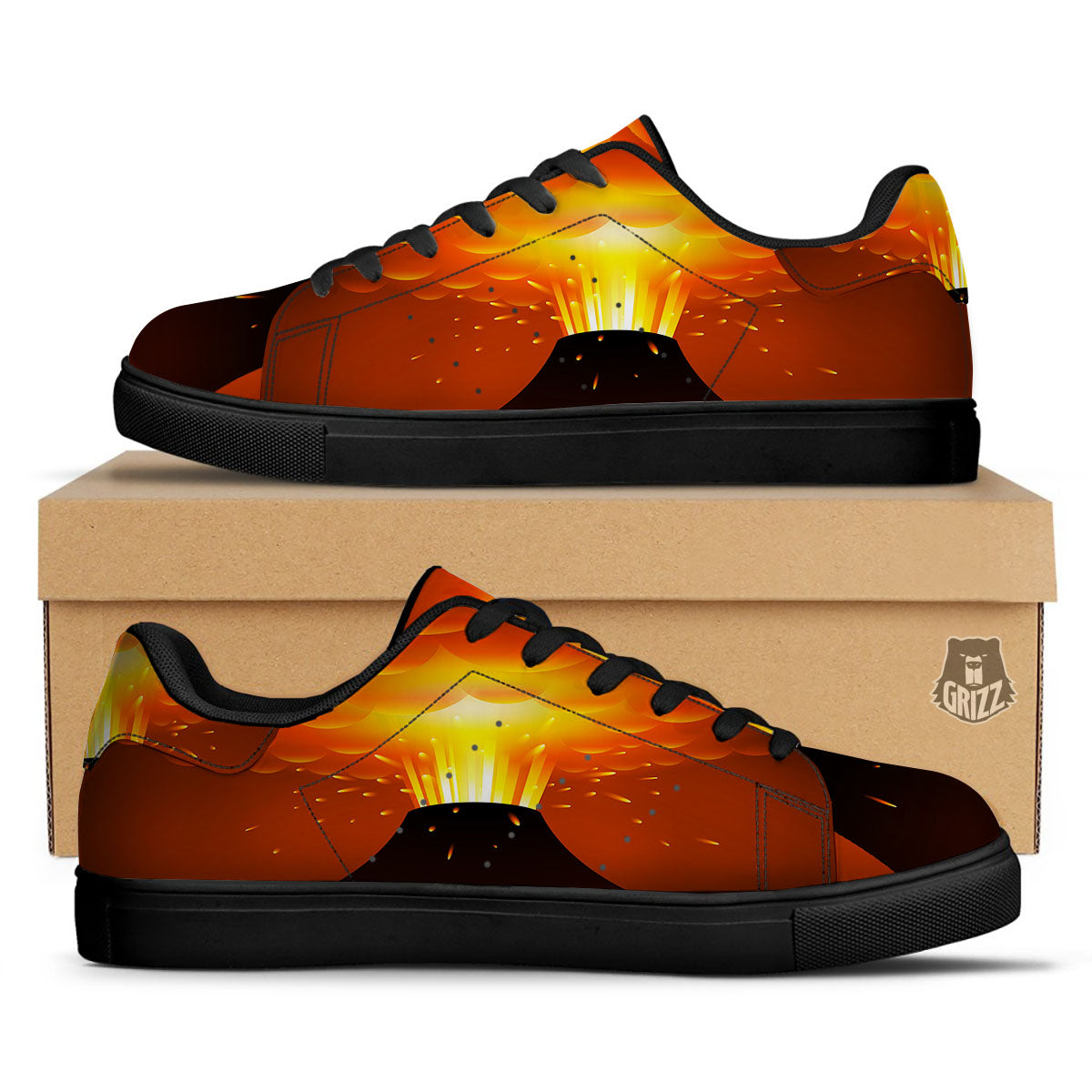 Volcano Erupt Print Black Low Top Sneakers-grizzshop