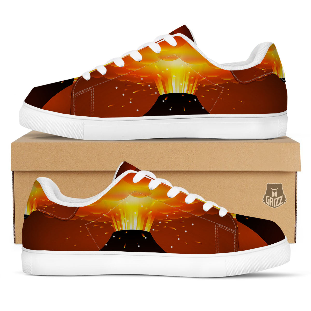 Volcano Erupt Print White Low Top Sneakers-grizzshop