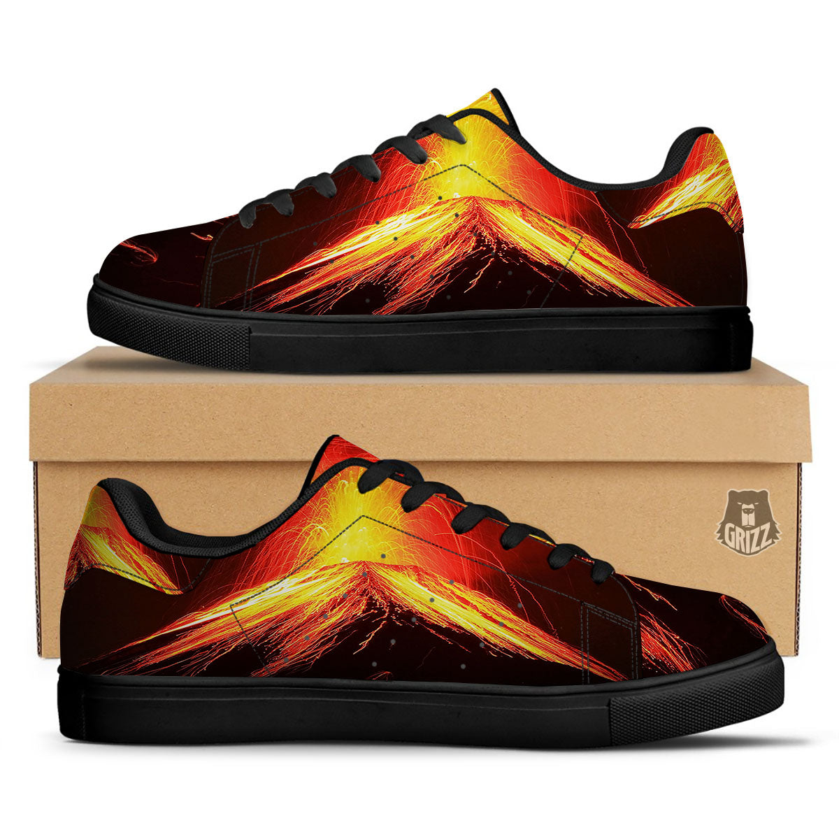 Volcano On Fire Print Black Low Top Sneakers-grizzshop