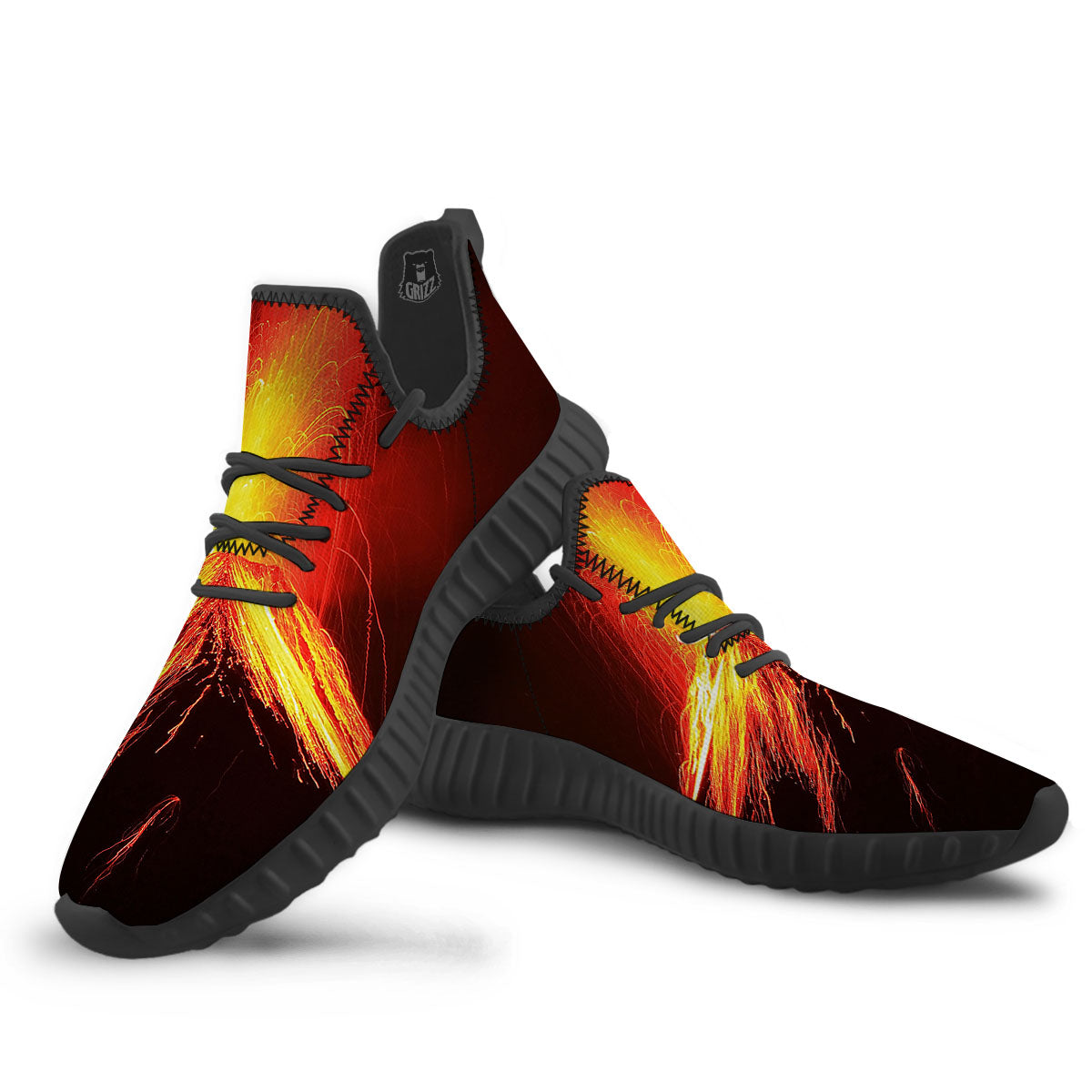 Volcano On Fire Print Black Walking Shoes-grizzshop