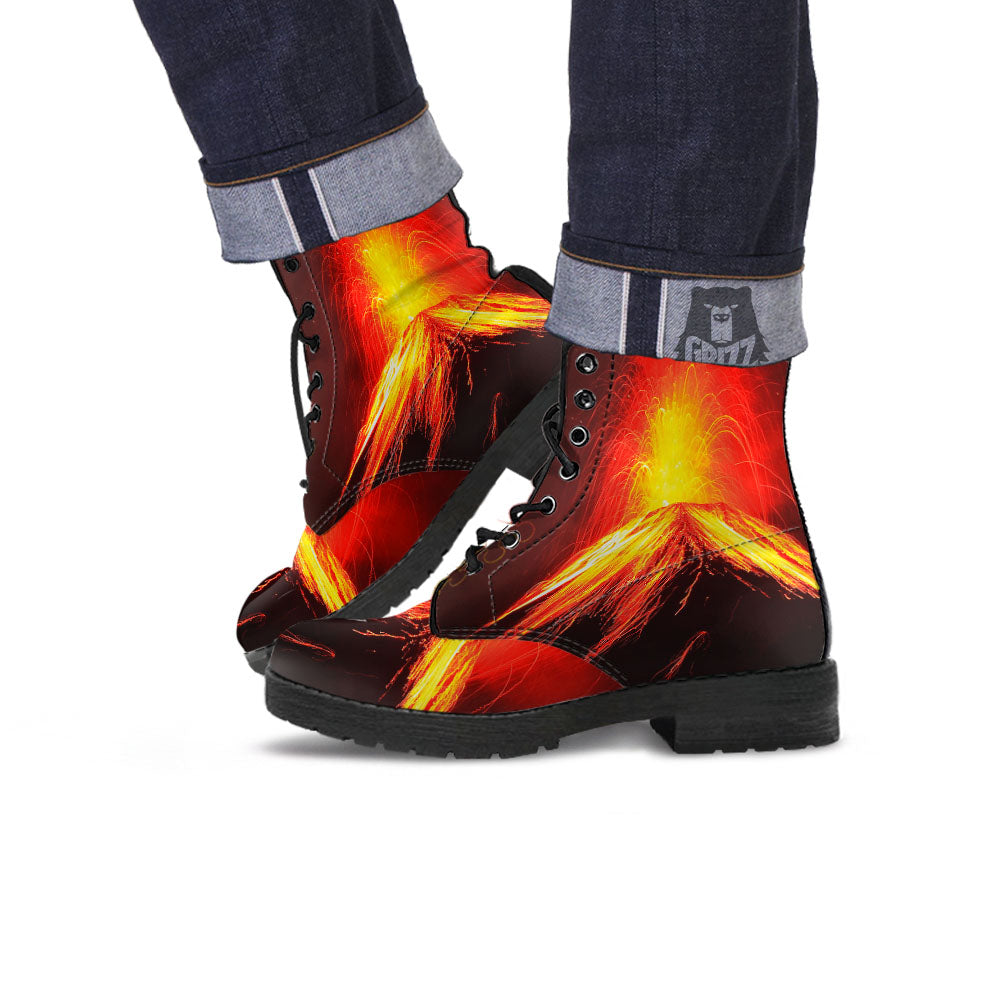 Volcano On Fire Print Leather Boots-grizzshop