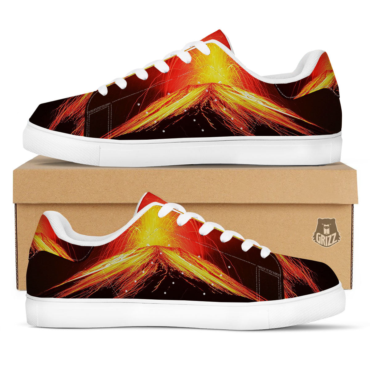 Volcano On Fire Print White Low Top Sneakers-grizzshop