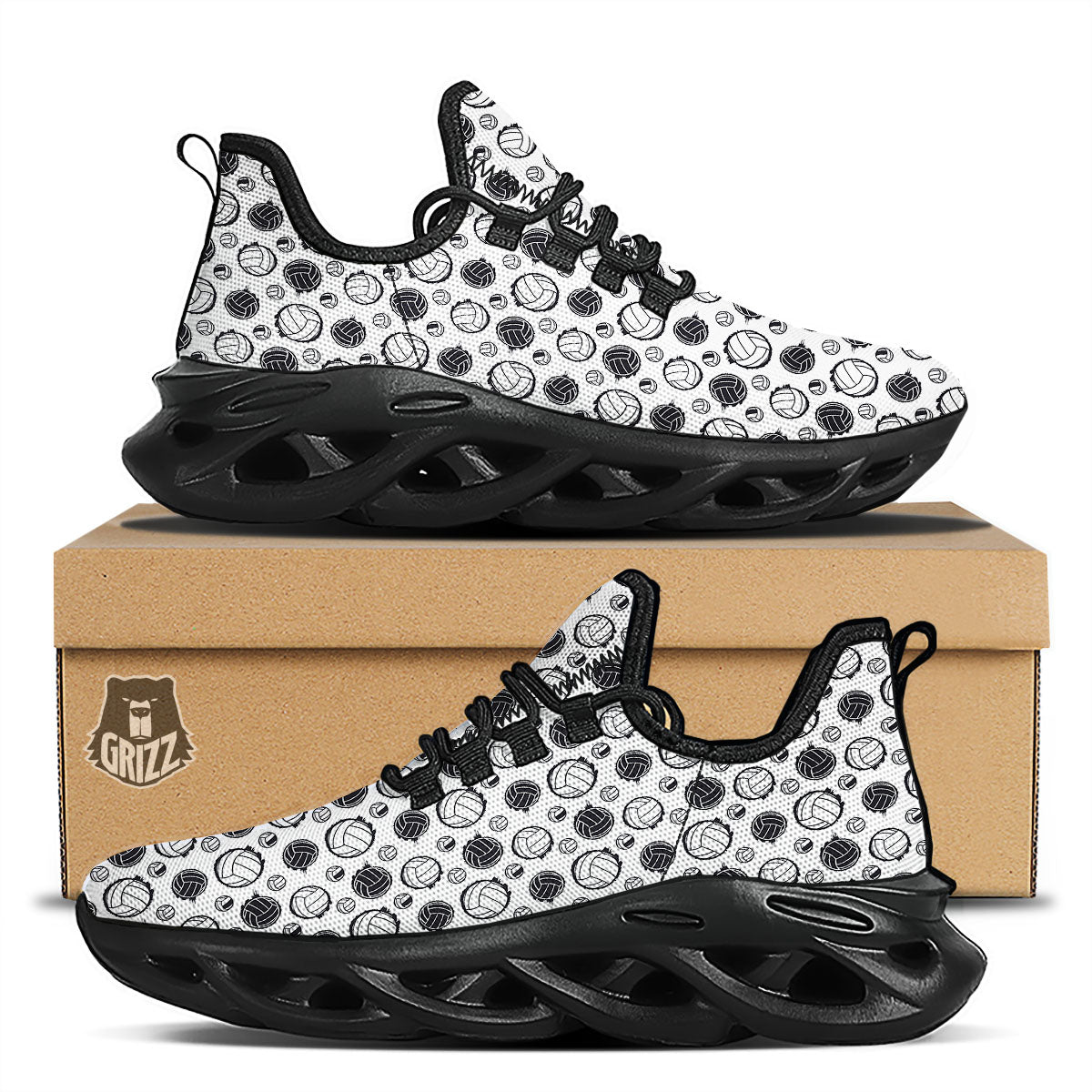 Volleyball White And Black Print Pattern Black Running Shoes-grizzshop