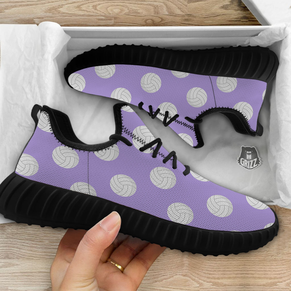 Volleyball White And Purple Print Pattern Black Walking Shoes-grizzshop