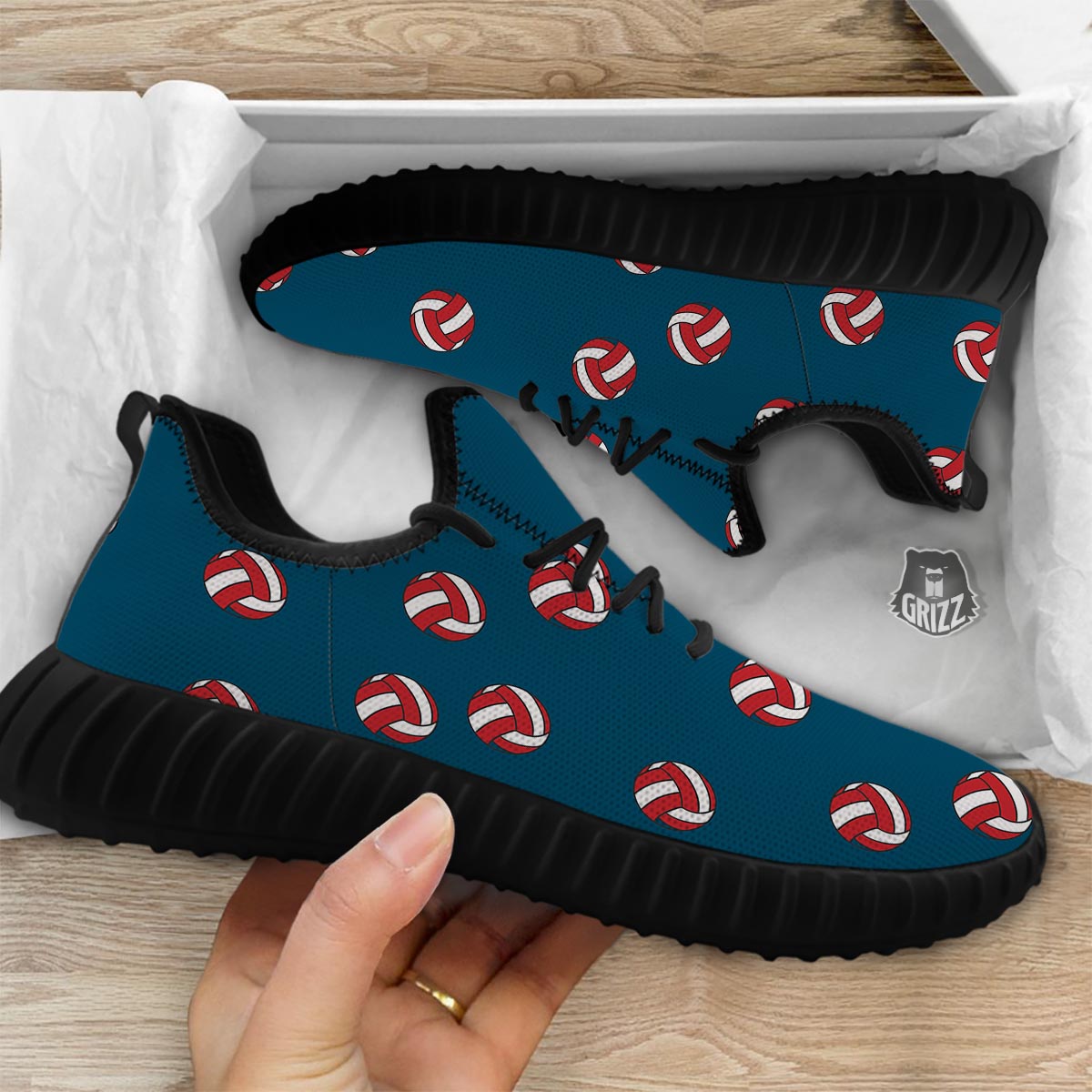 Volleyball White And Red Print Pattern Black Walking Shoes-grizzshop