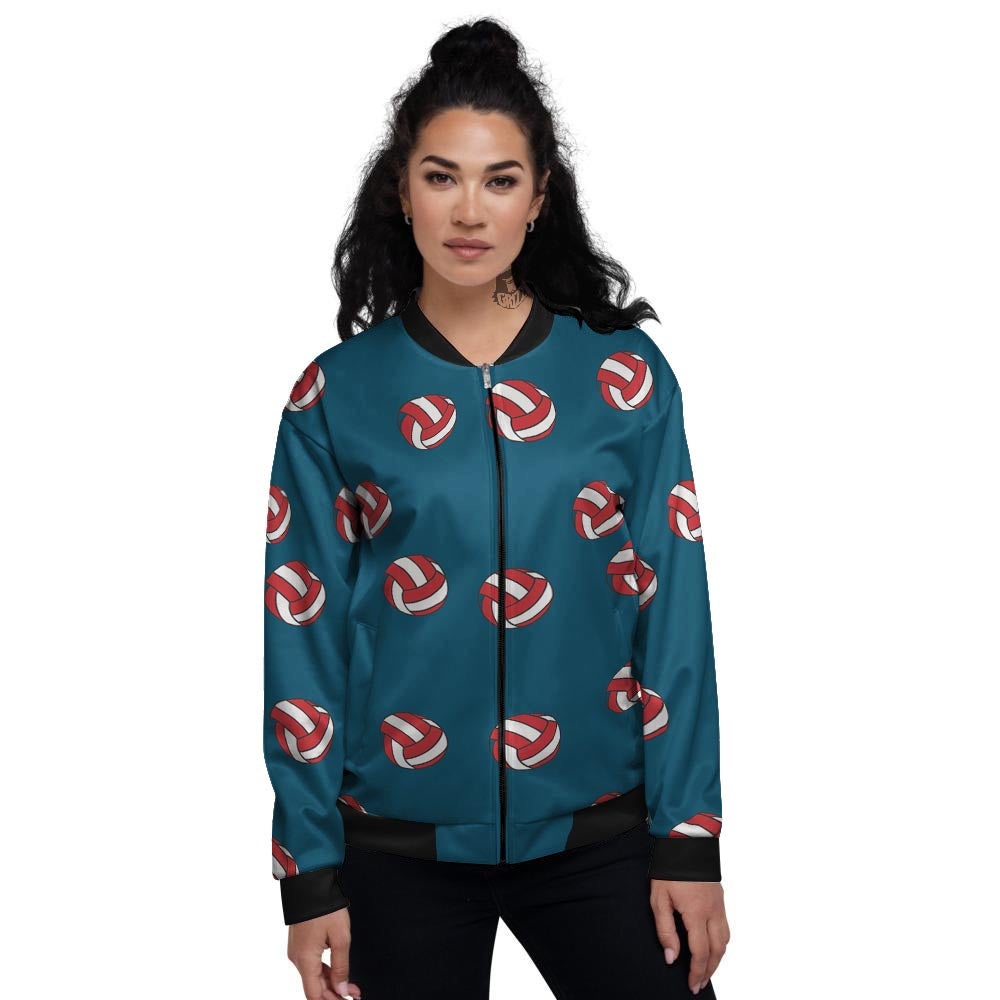 Volleyball White And Red Print Pattern Women's Bomber Jacket-grizzshop