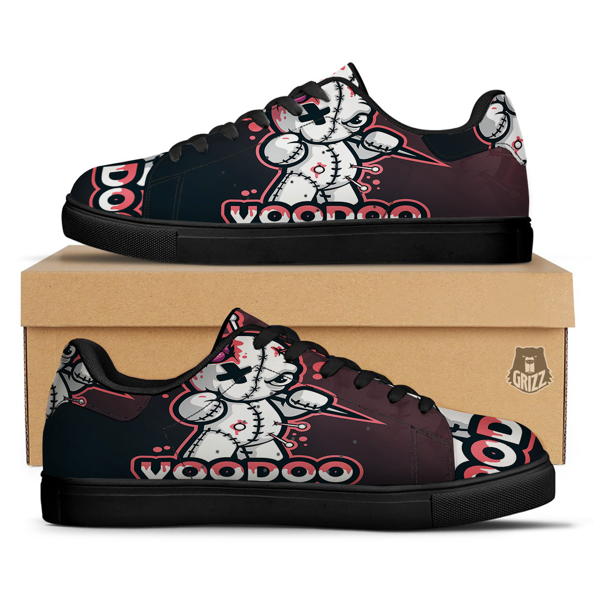 Voodoo Doll Cartoon Print Black Low Top Sneakers-grizzshop