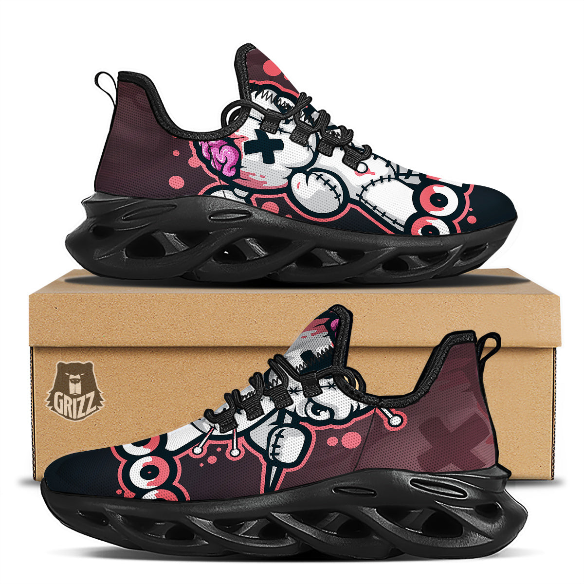 Voodoo Doll Cartoon Print Black Running Shoes-grizzshop
