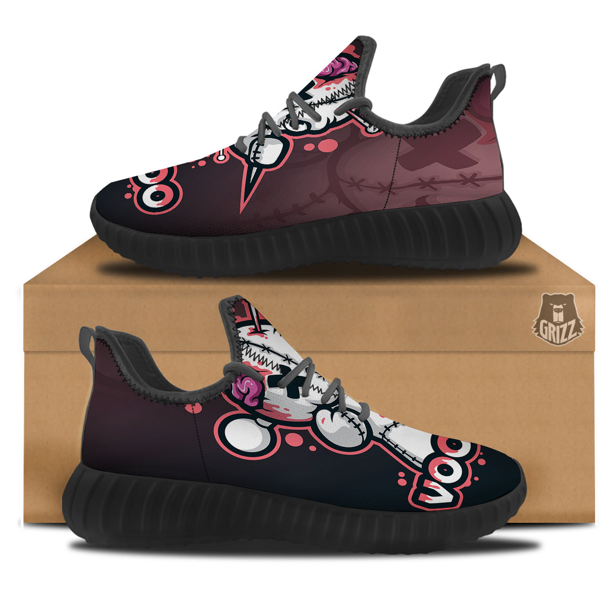 Voodoo Doll Cartoon Print Black Walking Shoes-grizzshop