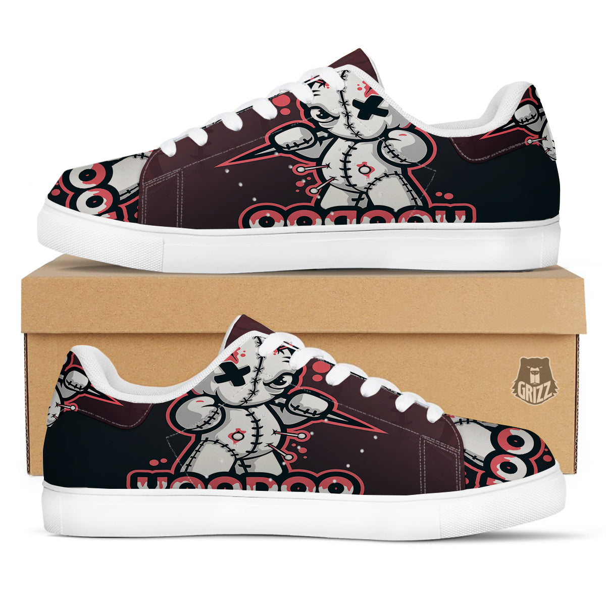 Voodoo Doll Cartoon Print White Low Top Sneakers-grizzshop