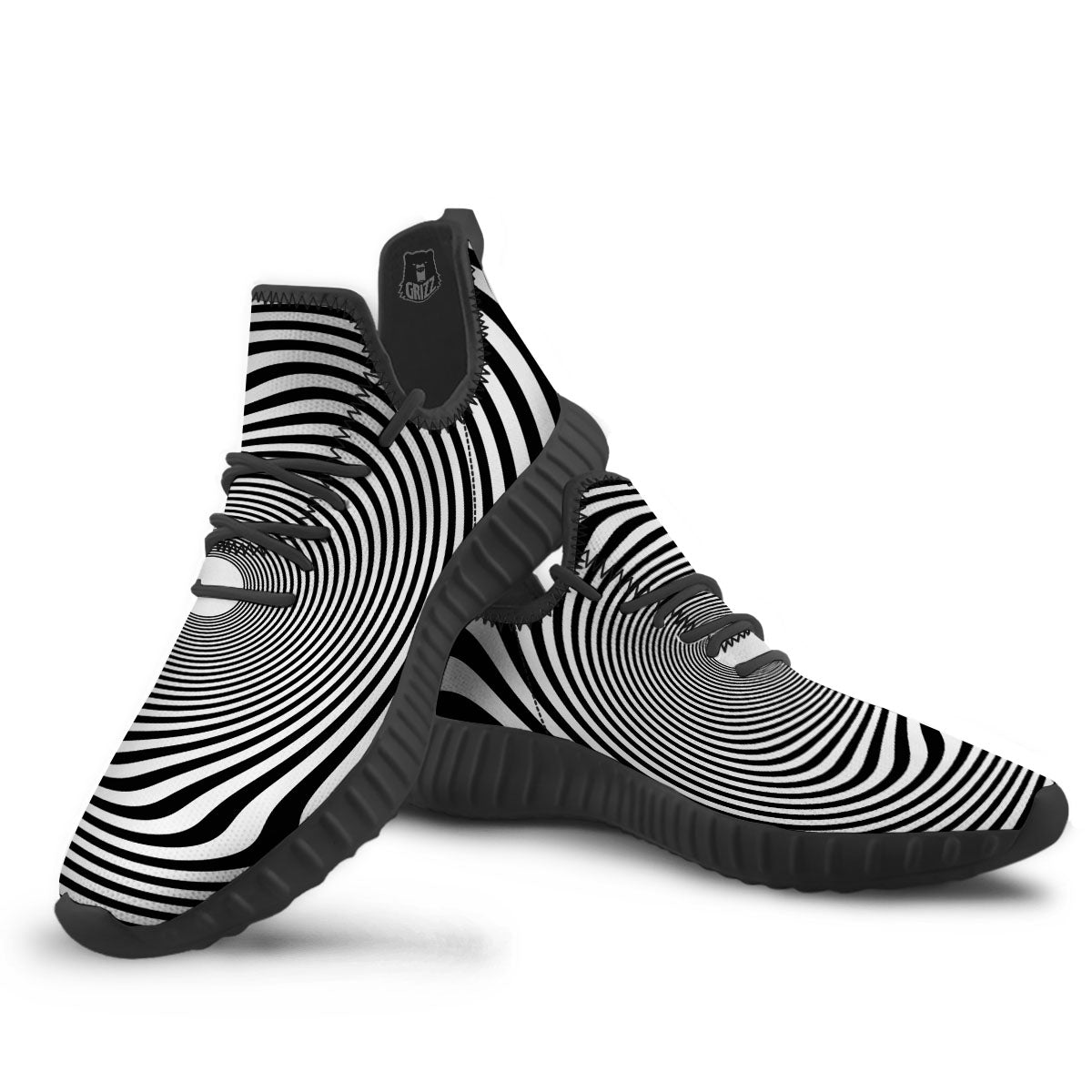 Vortex Swirl White And Black Print Black Walking Shoes-grizzshop