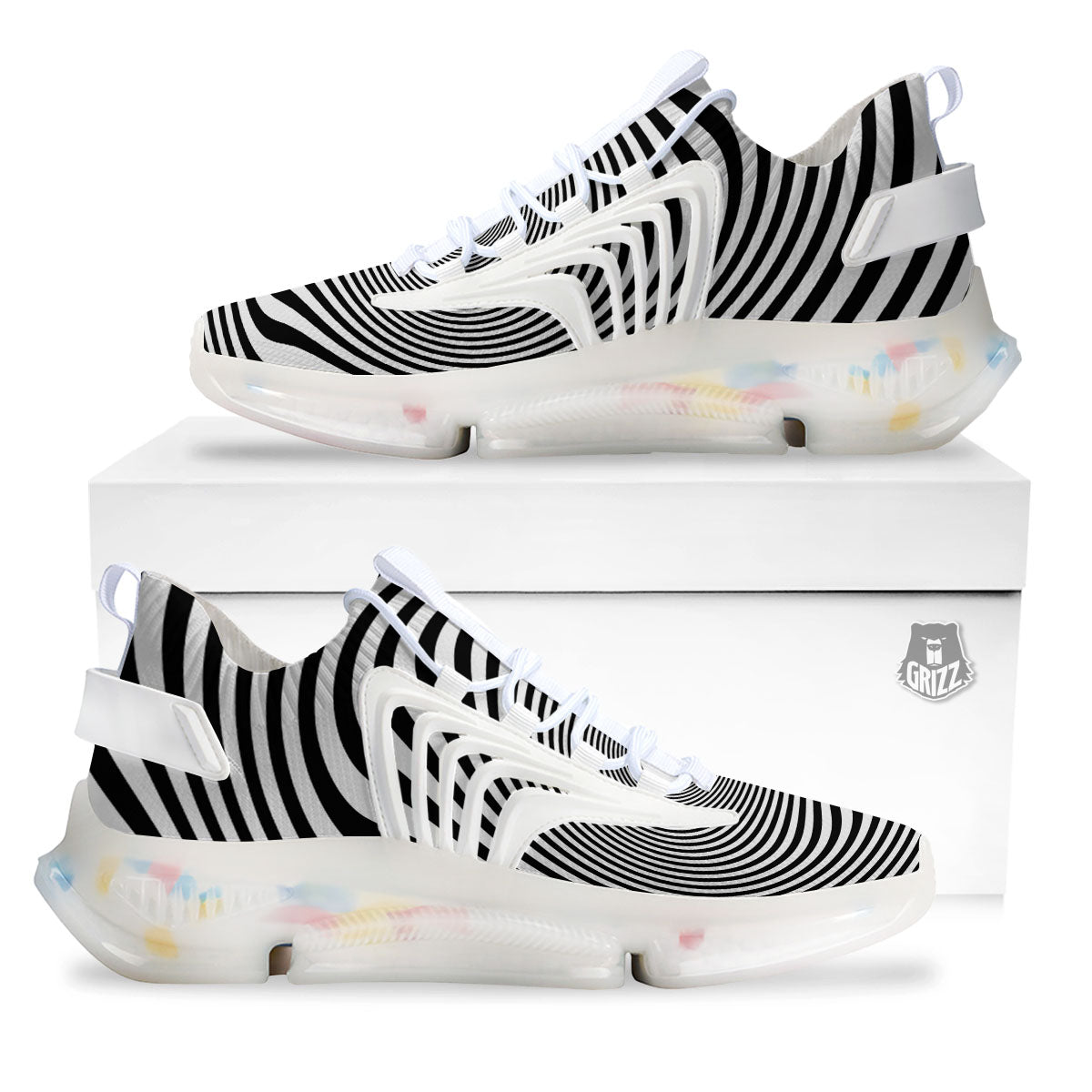 Vortex Swirl White And Black Print White Gym Shoes-grizzshop