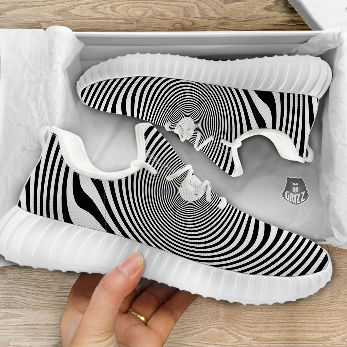 Vortex Swirl White And Black Print White Walking Shoes-grizzshop