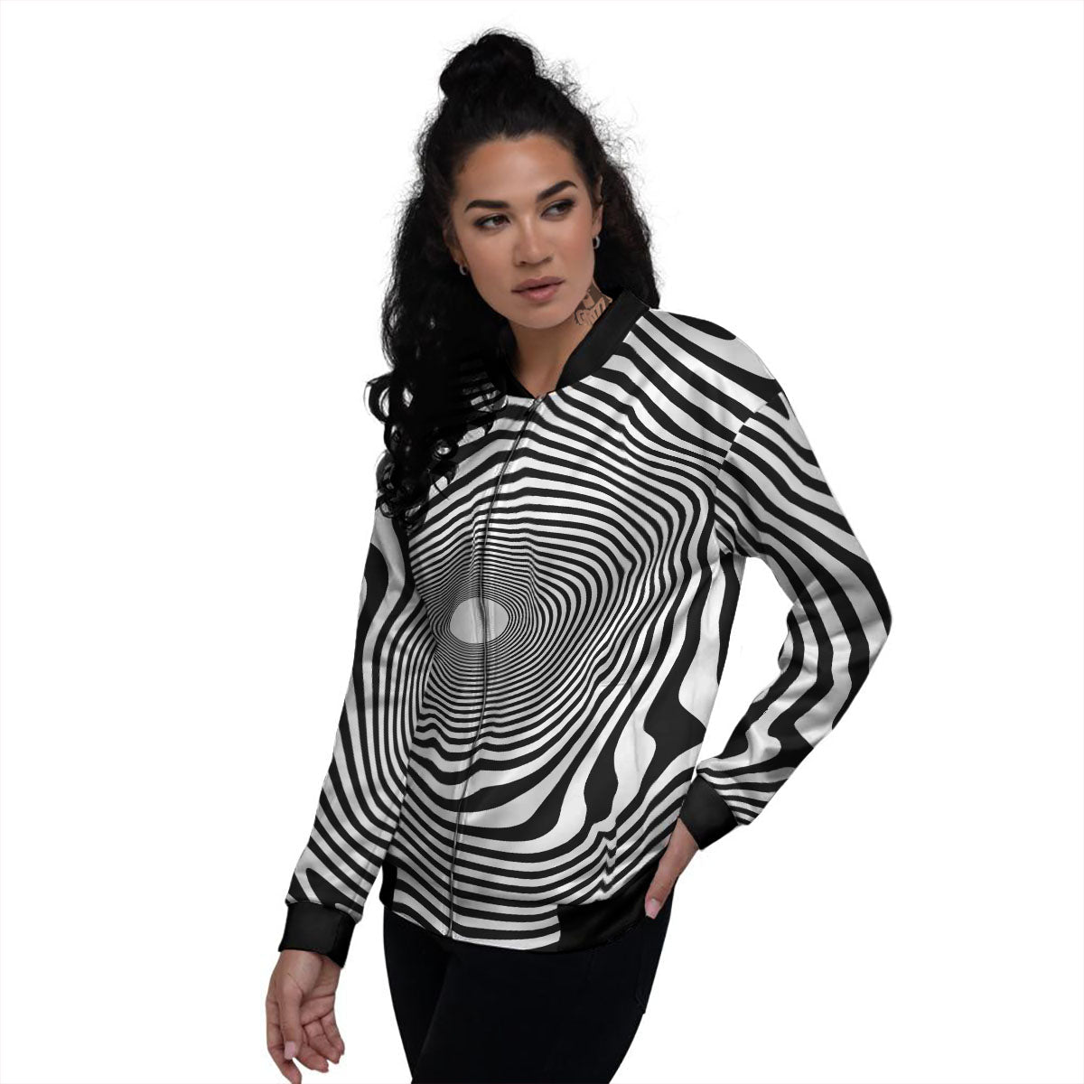 Vortex Swirl White And Black Print Women's Bomber Jacket-grizzshop