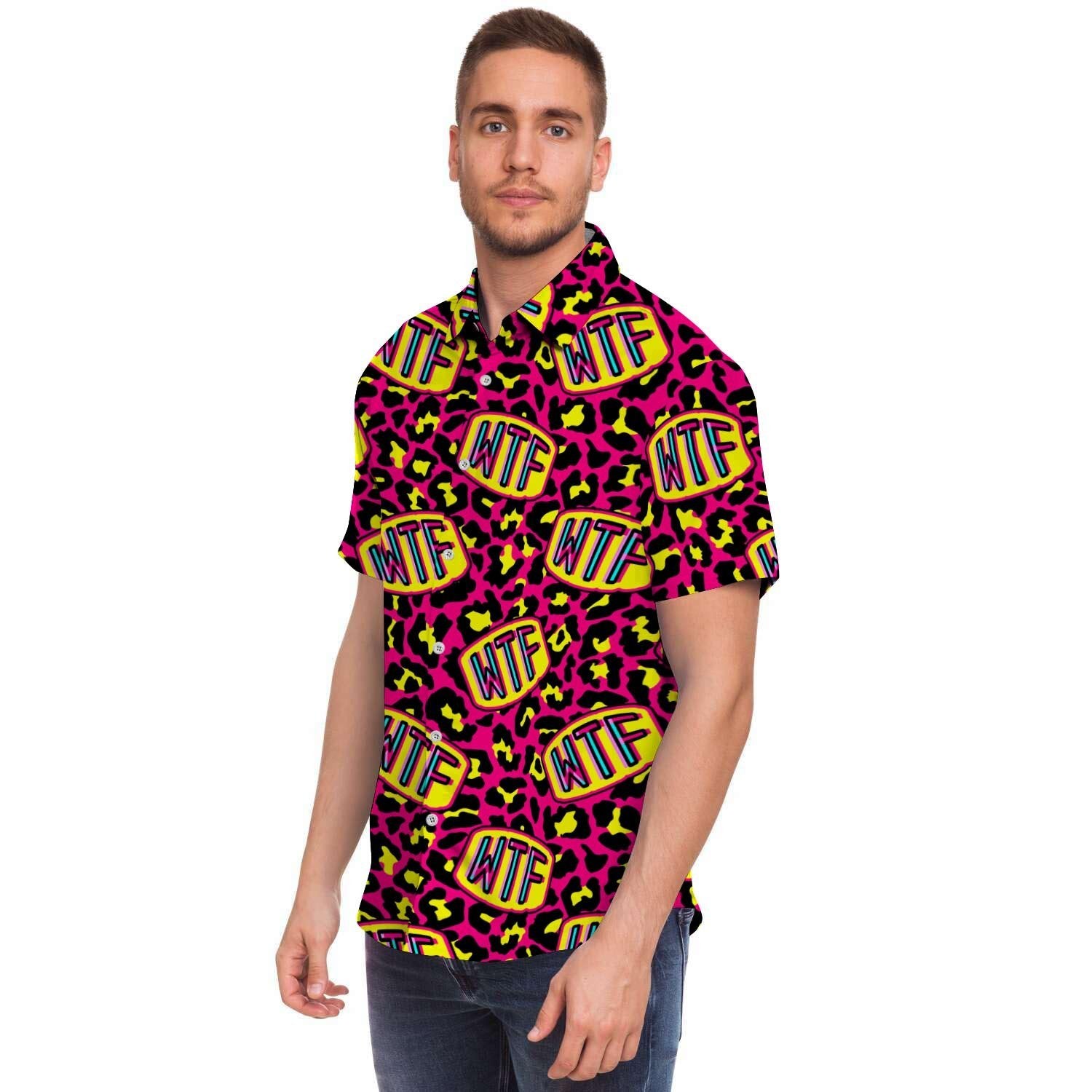 WTF Cheetah Hiphop Graffiti Print Men's Short Sleeve Shirt-grizzshop