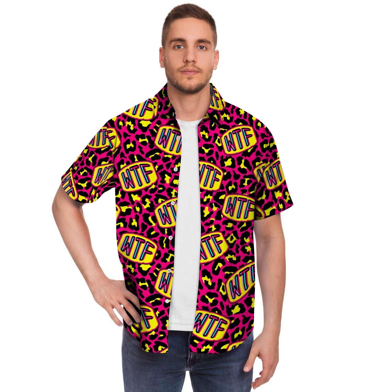 WTF Cheetah Hiphop Graffiti Print Men's Short Sleeve Shirt-grizzshop