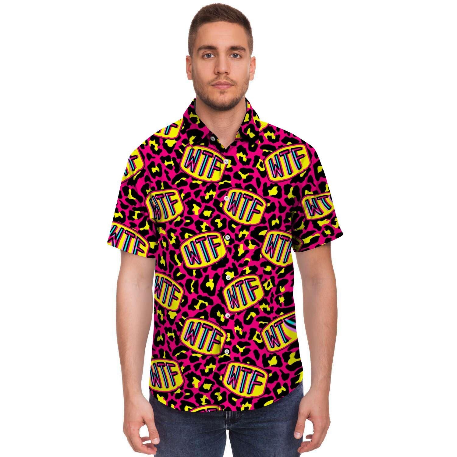 WTF Cheetah Hiphop Graffiti Print Men's Short Sleeve Shirt-grizzshop