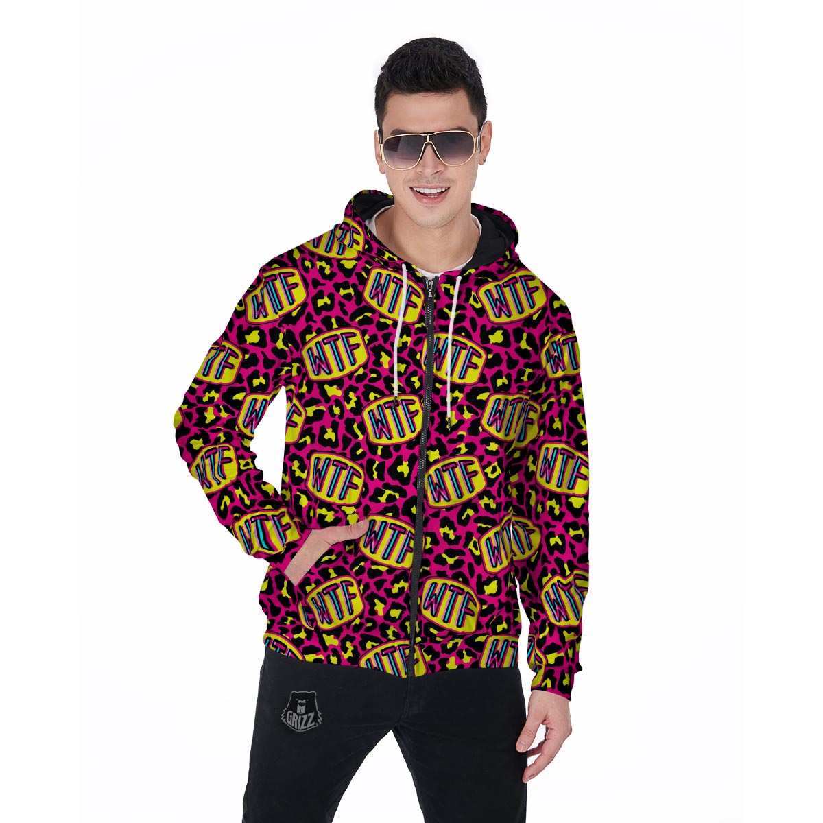 WTF Cheetah Hiphop Graffiti Print Men's Zip Up Hoodie-grizzshop