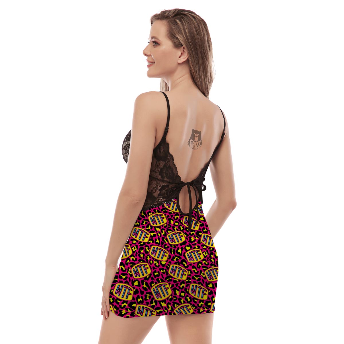 WTF Cheetah Hiphop Graffiti Print Women's Sexy Night Dress-grizzshop